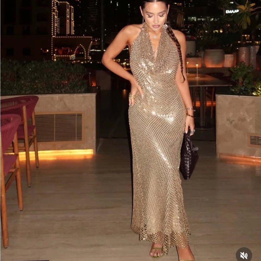 Gold Sequin Halter Dress - Elegant Evening Fun&Sexy  Sold Out Everywhere - Picture 2 of 12